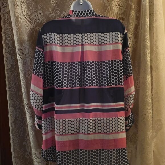 Tacera Women's L Navy White Polka Dor Pink Stripe Adjustable Sleeve Pullover Top - Picture 5 of 11